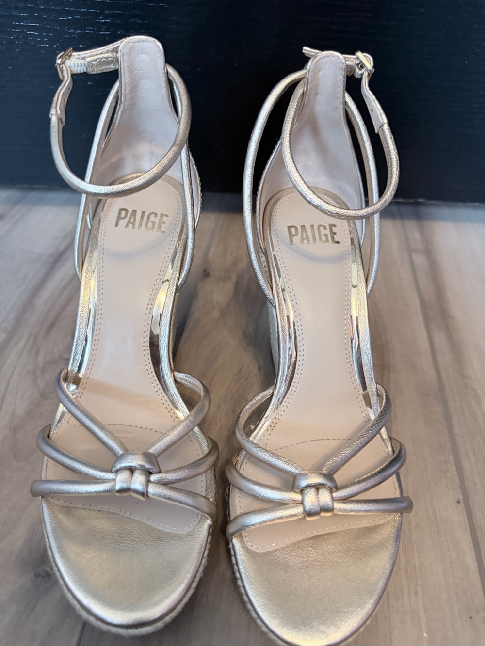 PAIGE Metallic Gold Espadrille Wedge Sandals with Ankle Strap - Picture 5 of 13